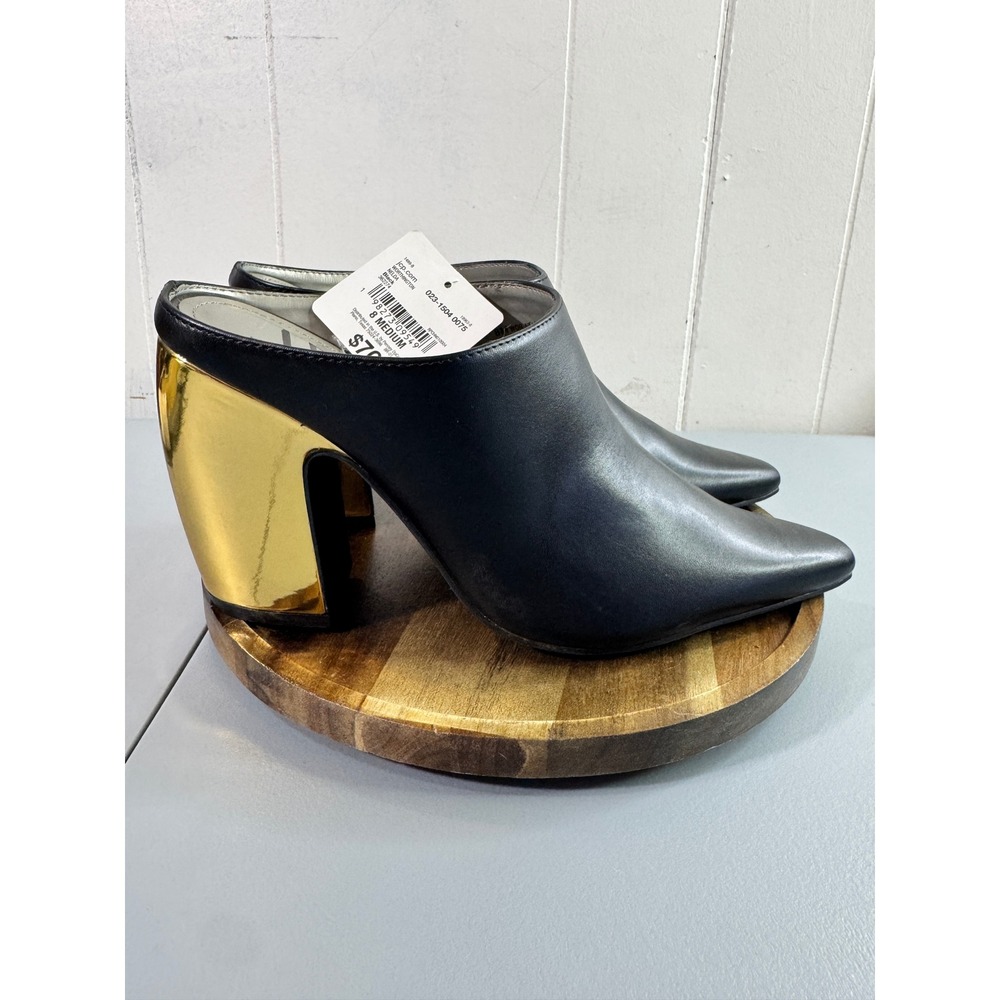Worthington Nelda Mules Womens 8 Black Like New Gold Metallic Block Heel Pointed